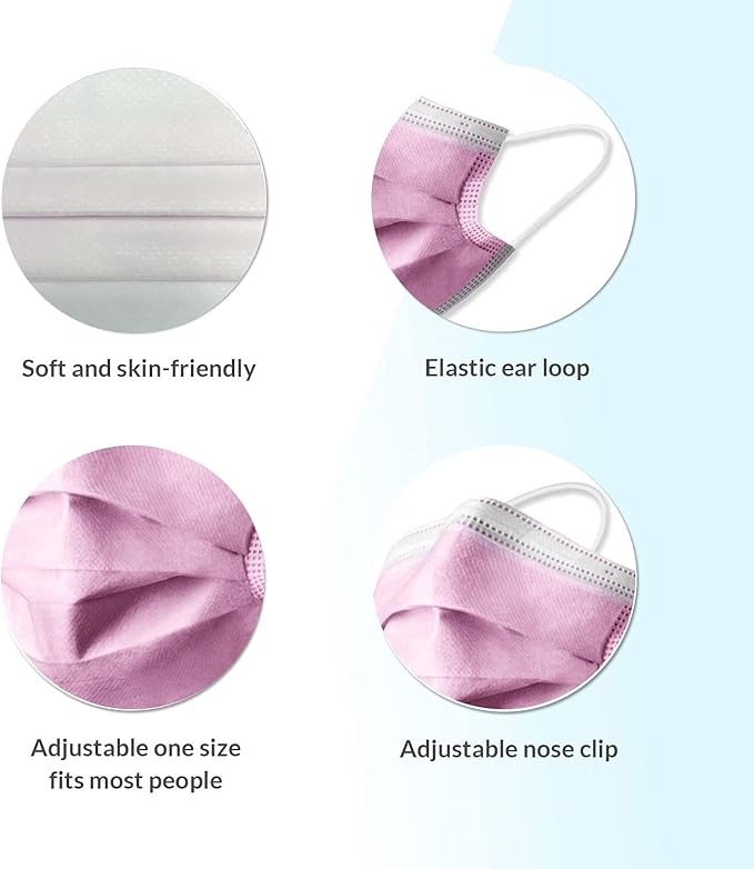 Hygenix Pink 3ply Disposable Face Masks PFE 99% Filter Quality Tested by a US lab(Pack of 50 Pcs)