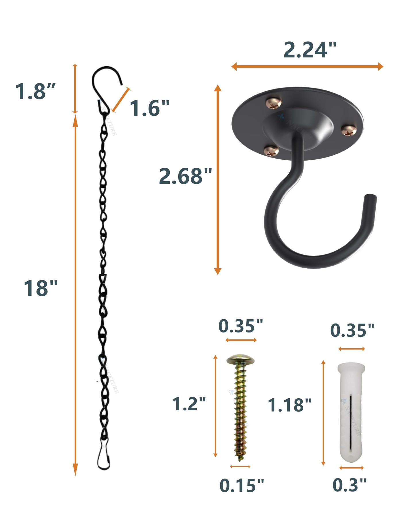 NACETURE Ceiling Hooks for Hanging Plants 3 Pack - Plant Hanger Indoor Hanging Hooks Metal Plant Bracket Iron Lanterns Hangers for Wind Chimes (Black 3 Pack + Chain)