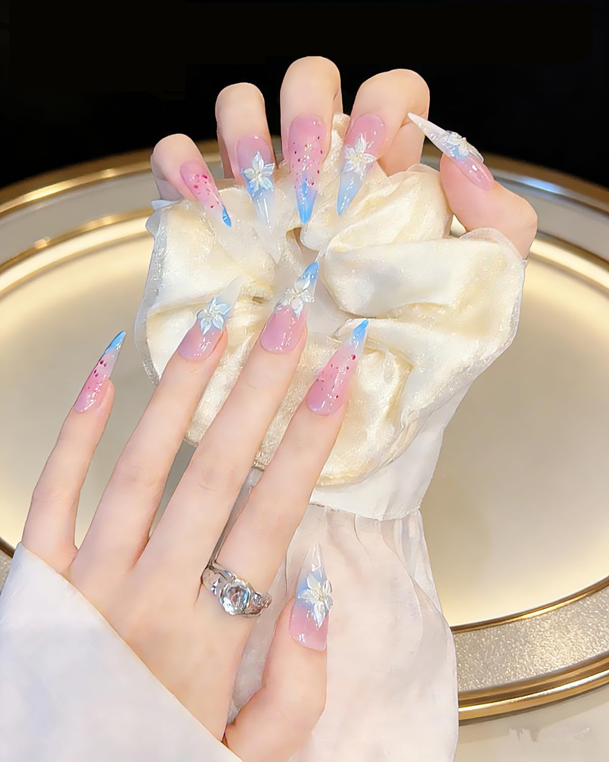 CAMILCY Luxury Handmade Press on Nails Pink Blue Gradient Stiletto nail Cherry Blossom Glitter Fake Nails with 3D White Flower Acrylic Glossy Reusable Elegant Artificial Nails for Women (A022, S)