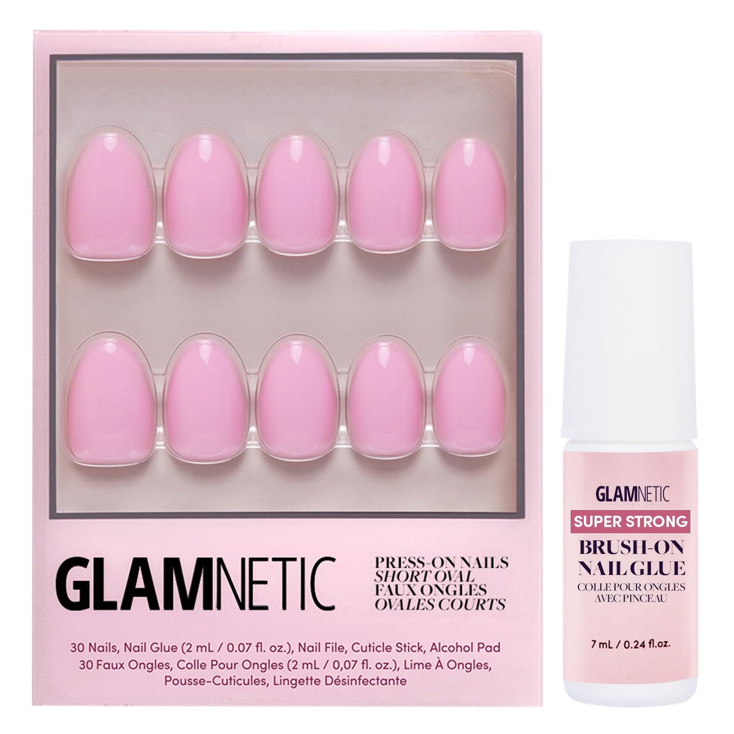 Glamnetic Press On Nails & Brush On Nail Glue Bundle - Think Pink | Solid Opaque Light Pastel Pink Short Oval Nails, Reusable | 15 Sizes - 30 Nail Kit