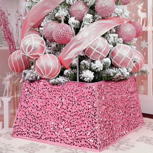 XmasExp Christmas Tree Collar, 24 inch Sequin Tree Skirt Stand Base Cover for Home Decor, Medium Size 4 Piece Rose Pink