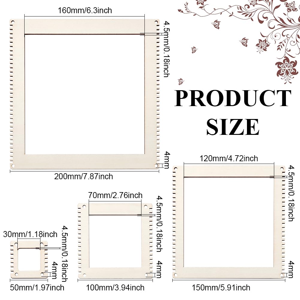 BENECREAT 4 Sizes Wooden Weaving Loom Kit, 2/4/5.9/7.8 inch Square DIY Weaving Loom DIY Weaving Art Tapestry Loom for Hanging Decor Woven Tapestry Knitted Crafts Making, 4.5mm Thick