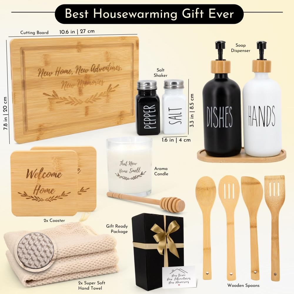 Happy Banana House Warming Gifts New Home – Home Essentials for New Home Gift Set Includes Scented Candle, Bamboo Cutting Board, Soap Set, Towels, Salt and Pepper Shaker – Luxury New House Must Haves