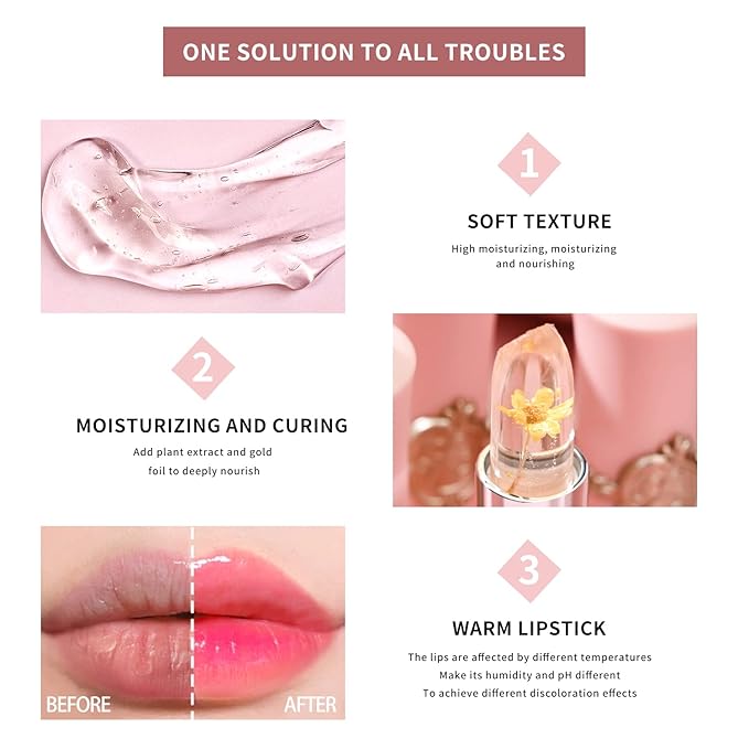 BestLand 6 Pcs/Set Flower Jelly Lipstick Set Temperature Change Moisturizer Long Lasting Nutritious Shimmer Lip Balm Magic Color Change Lip Gloss (Color Changing Lipstick Set B)