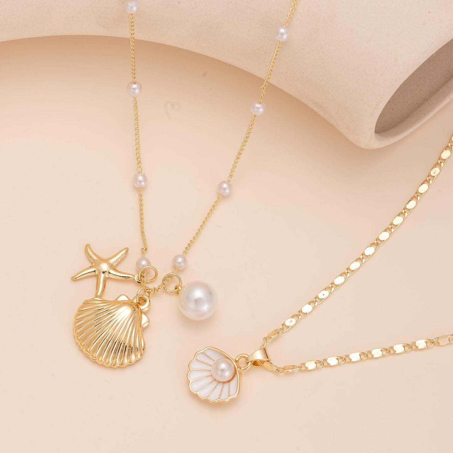 Shell Necklaces for Women 14k Gold Plated Layered Starfish Conch SeaShell Pearl Pendant Charm Necklace Adjustable Stainless Steel Chain Summer Beach Jewelry (Gold Shell)