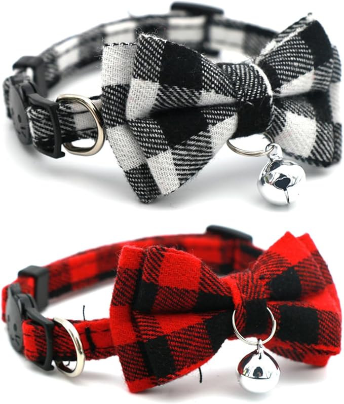 2-Pack Plaid Bowtie Cat Collar with Bell Breakaway Kitten Collar with Bells