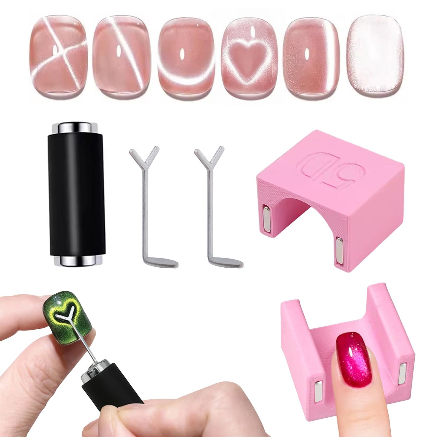 YECIRALA 2 Pcs Cat Eye Magnets For Nails with 2 pcs Y-shape Heart Design Mold Set, Cylinder Nail Magnet Pen And 5d Automatic Strong Magnet Tool For Magnetic Gel Polish, Heart Nail Polish Magnet
