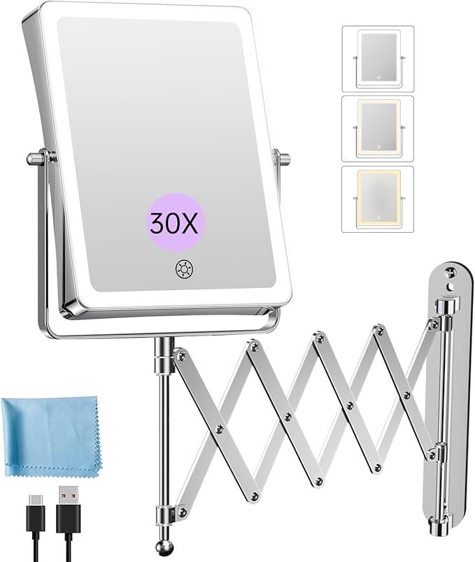 FASCINATE 5000mAh Rechargeable Wall Mounted Makeup Mirror with Lights, 8.7 Inch Double Sided Touch Switch 1X 30X Magnifying Bathroom Mirror, 3 Color Lights Dimmable Extended Arm 360°Rotation (Chrome)