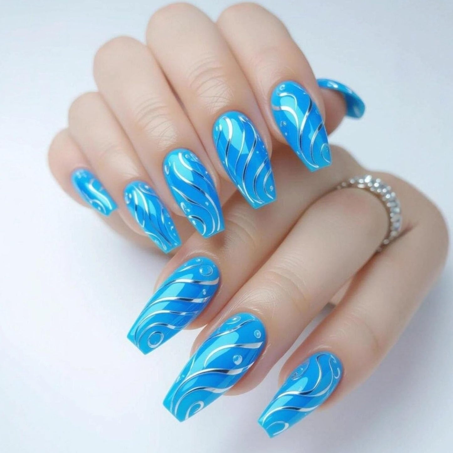 Medium Press on Nails Coffin Fake Nails with Silver Lines Designs Glossy Nails Press ons Blue Full Cover Glue on Nails Acrylic Artificial Stick on Nails for Women 24Pcs