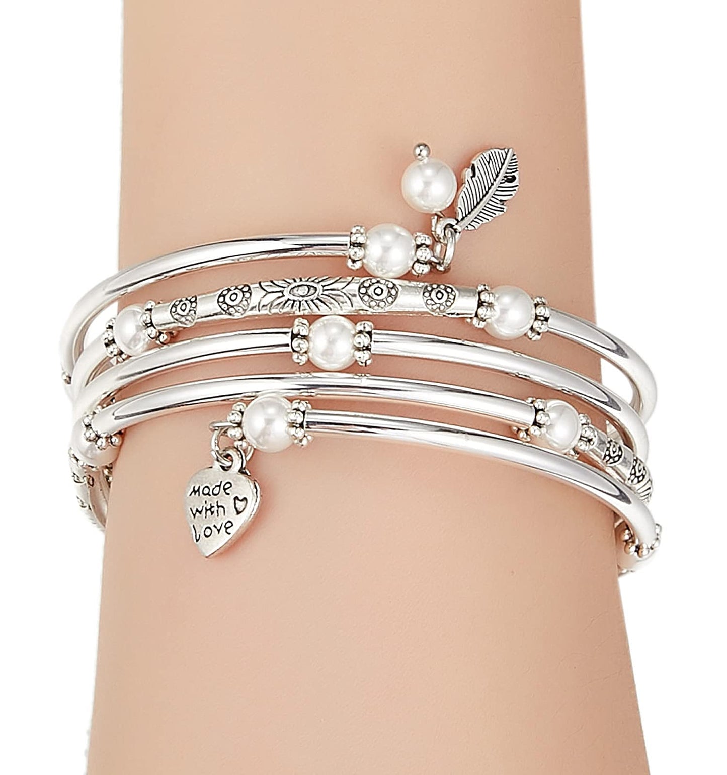 FULU AUTUMN Beaded Bangle Bracelets for Women Silver Wrap Bangles Bracelet Womens Costume Jewelry Fashion Gift(Pearl White)