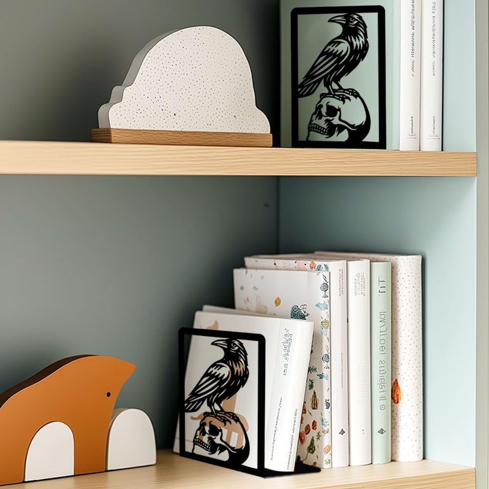 BEUNITONE Raven and Skull Decor Gothic Metal Bookends for Shelves, Office Desk Organizer Book Ends for Heavy Books, Home Office Desk Bookshelf Decor Gift for Gothic Lovers and Reading Enthusiasts