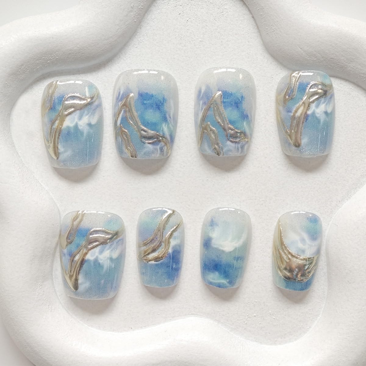 30Pcs Blue Press on Nails Short Square Fake Nails Ocean White Clouds Glossy Glitter Design Full Cover Reusable Artificial Nails Silver Chrome Stick on Nails Handmade False Nails for Women Acrylic Nail