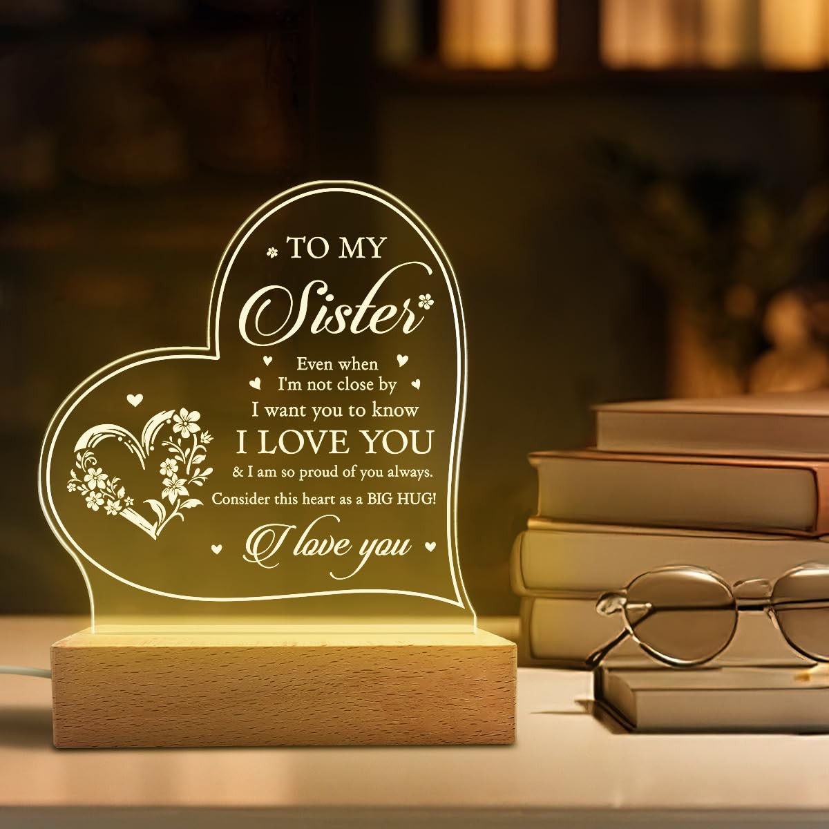 SANDJEST Acrylic Night Light - Thoughtful Gift for Sister or Brother - Long Distance Lamp for Birthday or Christmas