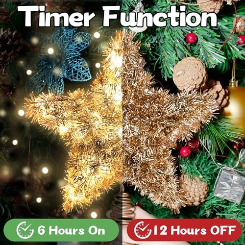 Christmas Tree Topper Star Shiny Gold Tinsel Star Tree Topper 10 Inch Lighted Tree Topper Battery Operated Christmas Tree Decoration for Holiday Indoor Decoration Warm White Light