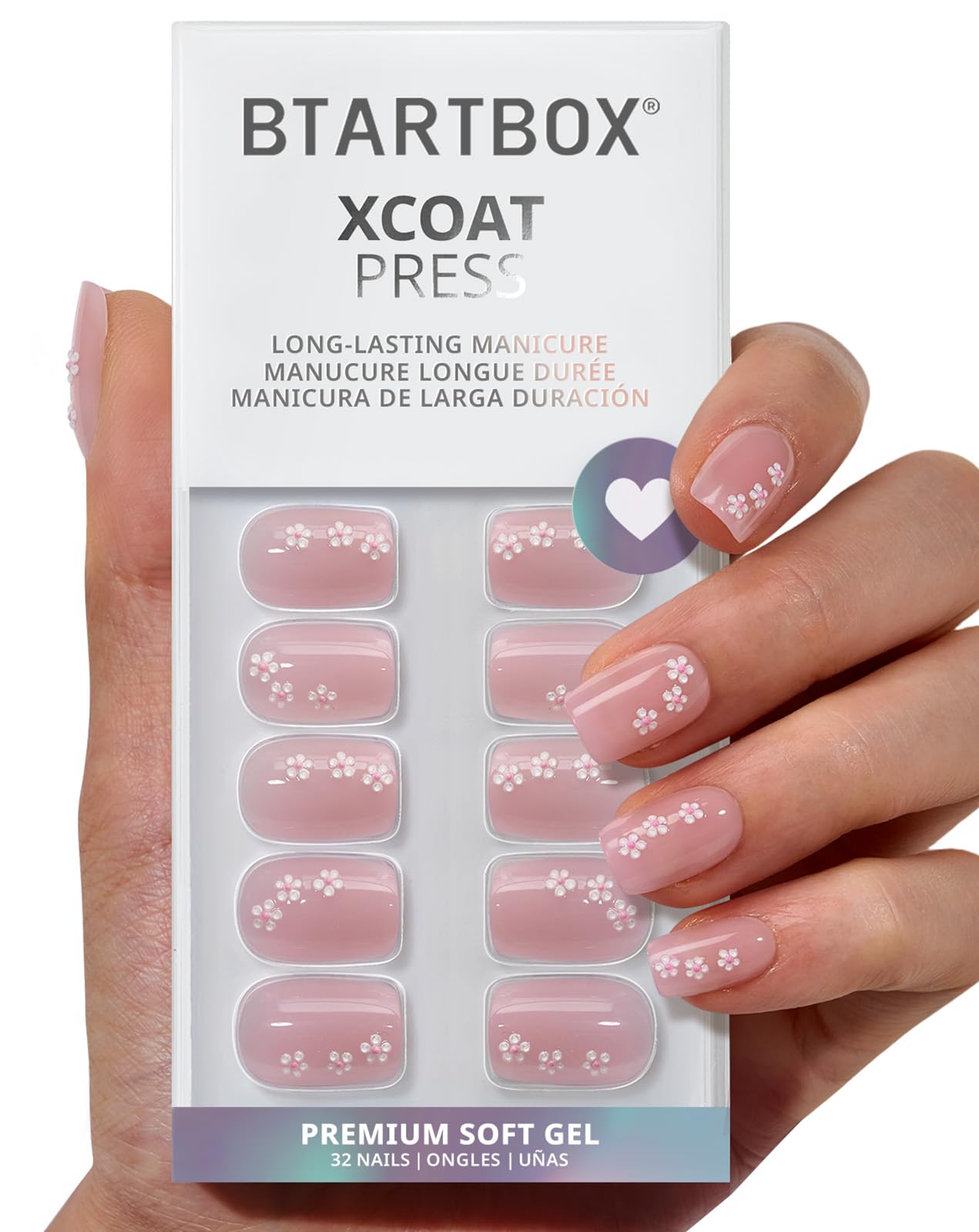 BTArtbox Press On Nails Short - Petalfall, Lamp-Curable 4-Week Wear 3D Flower Pink Square Press On Nails with Glue and Adhesive Tabs, Easy-to-Apply in 16 Sizes - 32 Nails All-in-One Kit
