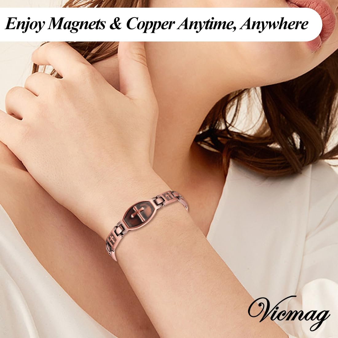 Vicmag 2PCS Men Copper Magnetic Bracelets for Couple Double Row 99.9% Solid Pure Copper Cross Bracelet Gift with Adjustment Tool