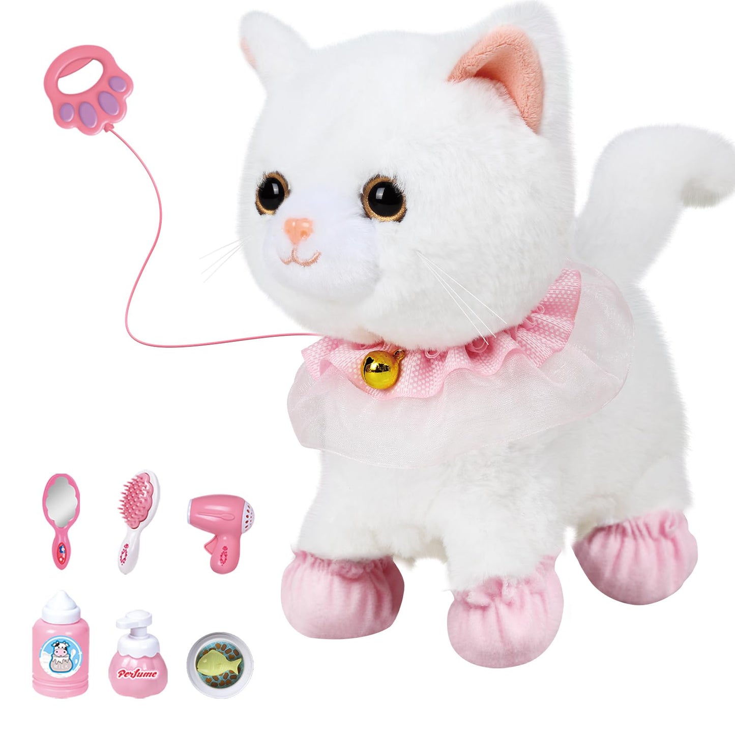 Jimate Interactive Electronic Plush Toy Walking and Barking Robot Cat Plush Cat Remote Control Kitten for Girls (White Cat)