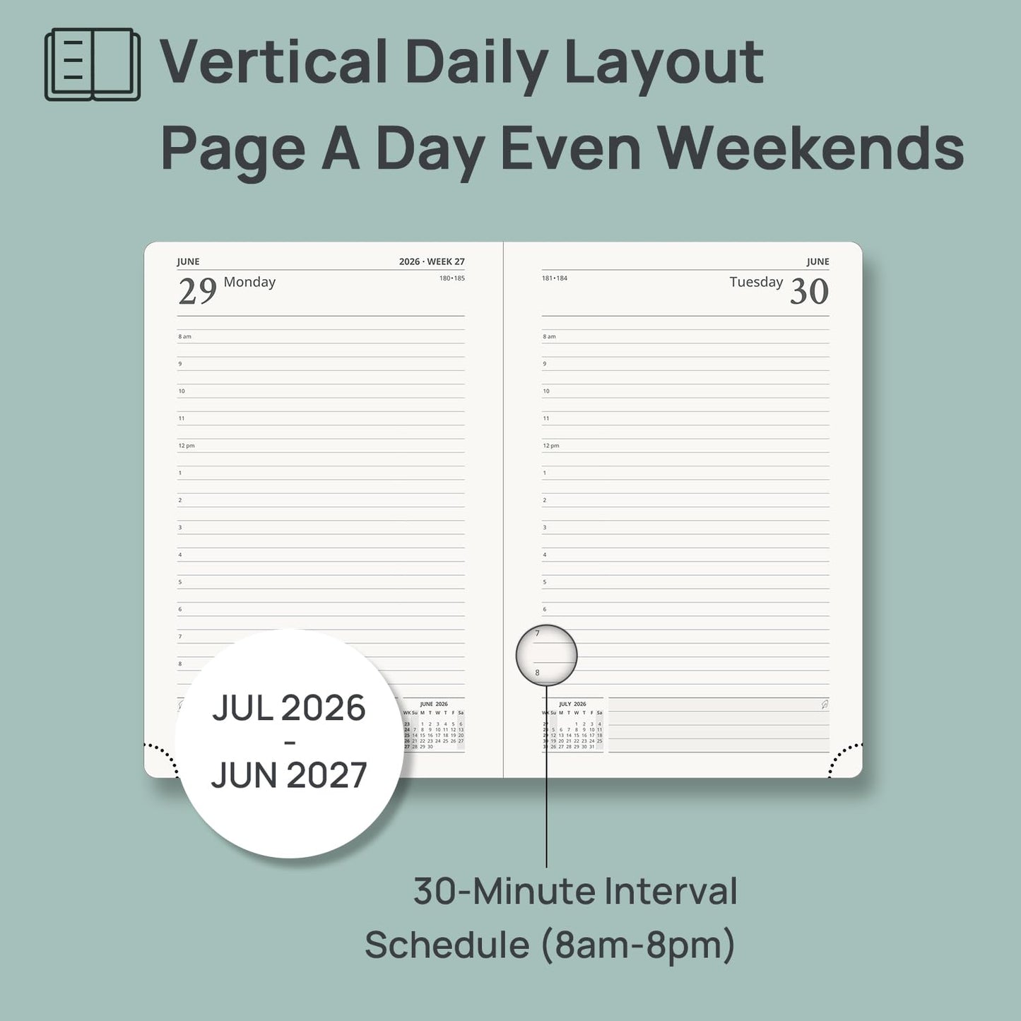 POPRUN 2026-2027 Daily Planner One Page Per Day (Medium - 5.75" x 8.5") - Academic Calendar Book(July 2026 - June 2027), 2026 Day Appointment Book with Pen Holder, Hardcover - Pacific Green