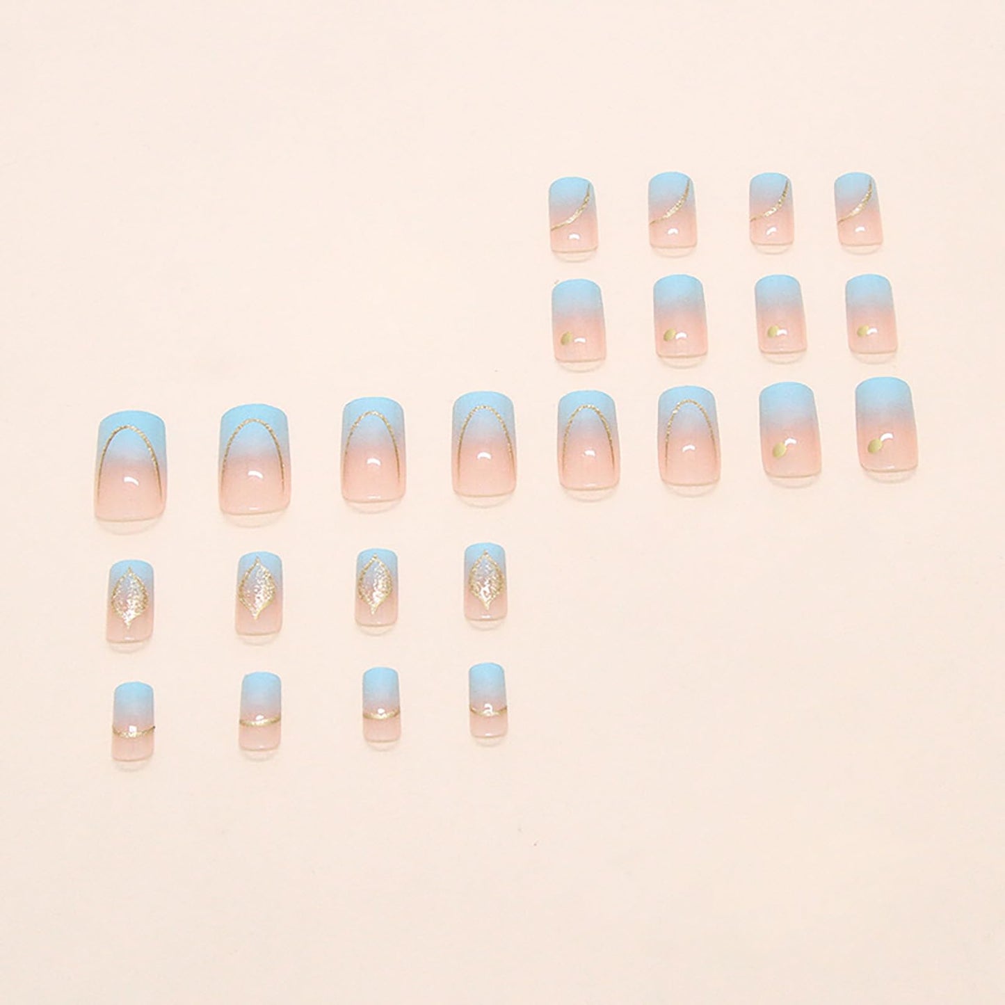 RUOKEXIN Medium Length Press on Nails French Tip Fake Nails Blue Ombre False Nails with Glitter Designs Square Glue on Nail Press ons Sparkly Artificial Nails Cute Stick on Nails for Women 24Pcs