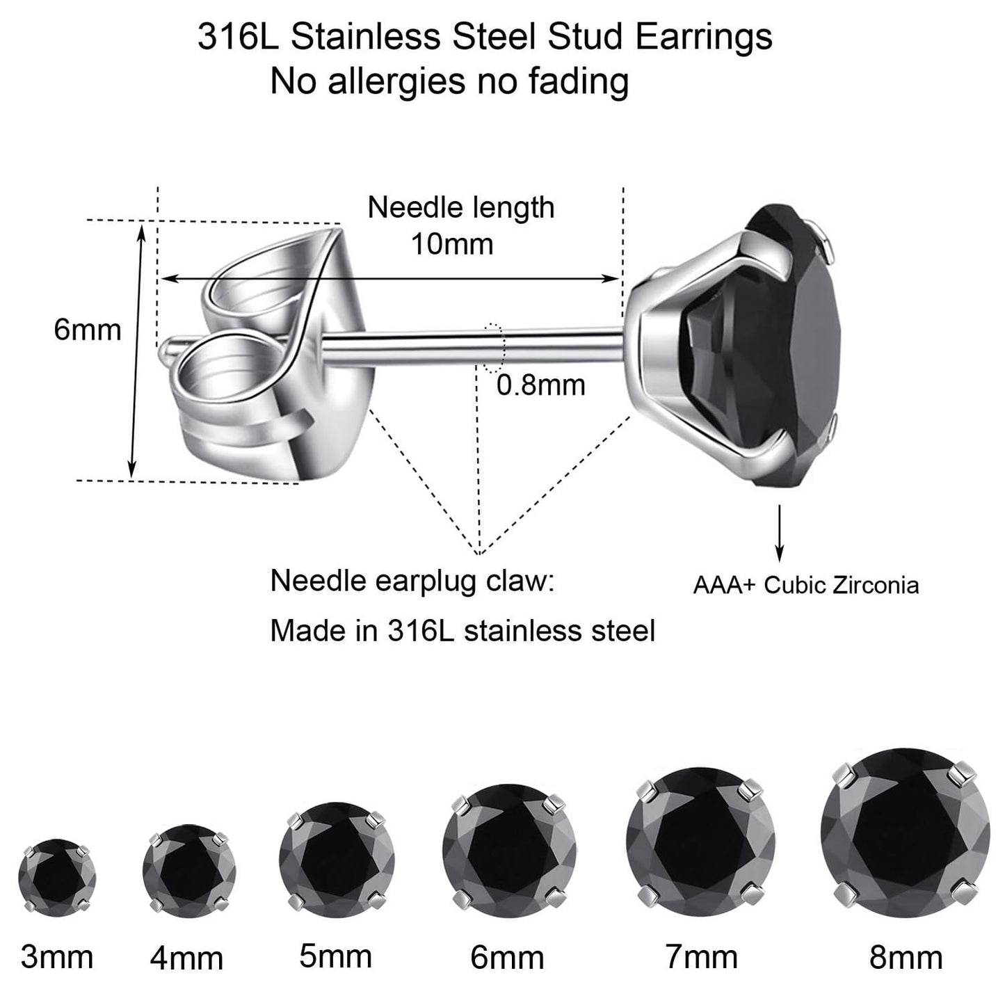 6 Pairs Stud Earrings Set, Hypoallergenic Cubic Zirconia Earrings 316L Stainless Steel CZ Earrings 3-8mm (Black CZ)