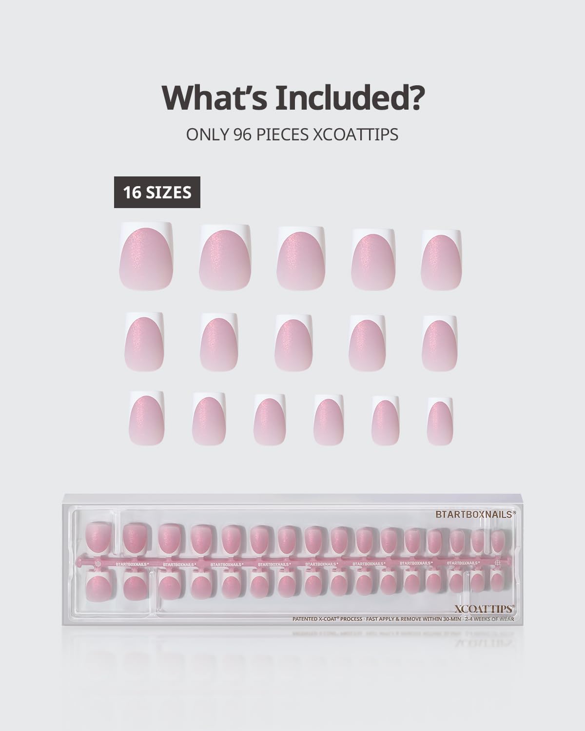BTArtboxnails Shimmering French Tip Nails - 96Pcs Sparkling Pink Base Extra Short Press On Nails, Requires Nail Lamp & Top Coat, 16 Sizes Full Set for Wedding