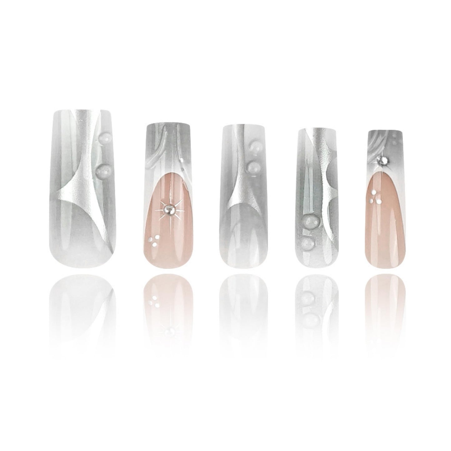 Long Press on Nails Square Fake Nails Silver Acrylic Nail Press ons Seeneey Rhinestones Sparkly Stick on Nail for Women 24pcs