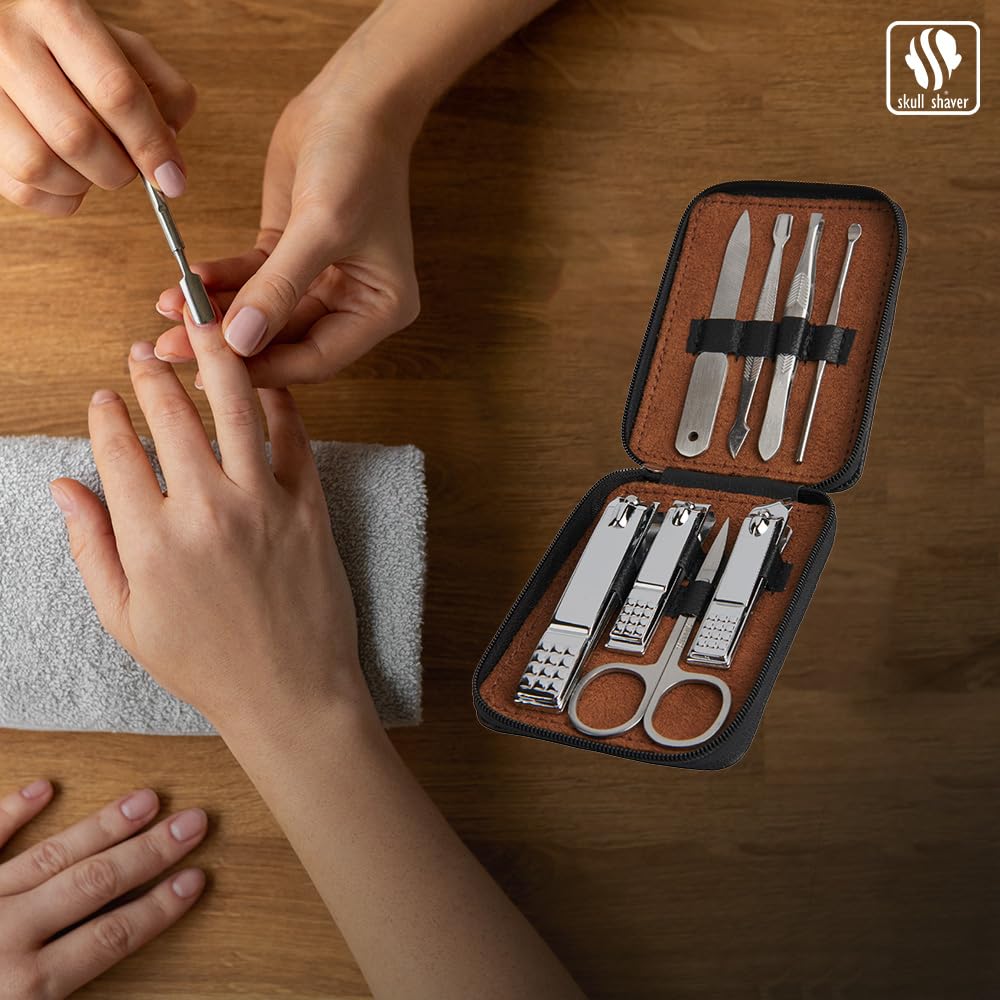 Skull Shaver 8-Piece Manicure Set for Men - High Quality Nail Kit - Stainless Steel Grooming Tools - Precision Nail Clippers with Compact Travel Case - Durable & Ergonomic Design