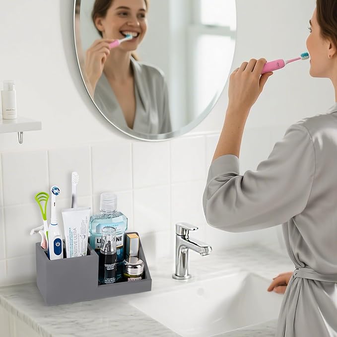 Diatomite Toothbrush Holders for Bathrooms, Quick Dry Electric Tooth Brush and Toothpaste Organizer Bathroom Accessories for Countertop, Vanity, Sink - Dark Grey