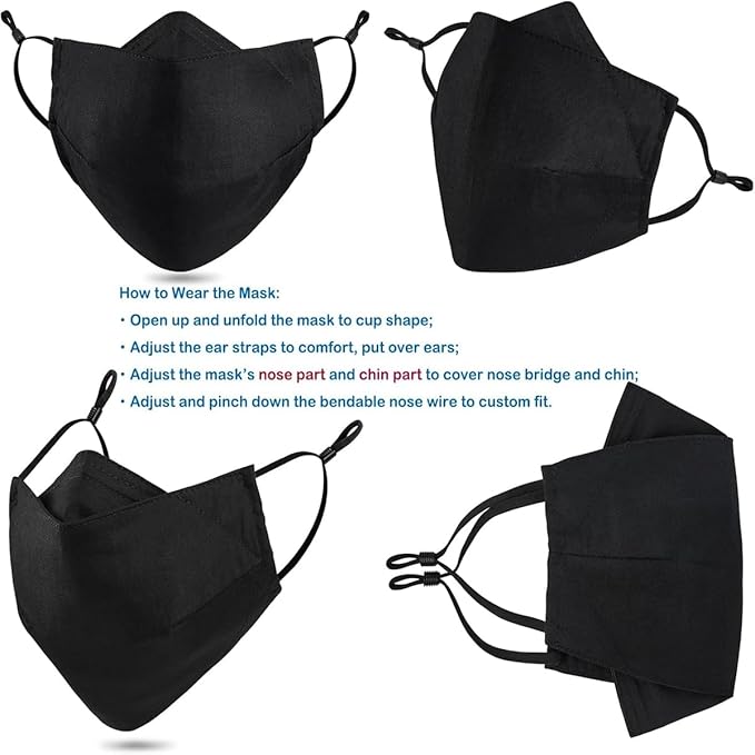 Yarehand 3-Ply Organic Cotton Cloth Face Mask Reusable Washable, Face Masks Adjustable Ear Loops Nose Wire Filter Pocket, Pack of 5 No Fog/Dust for Unisex Adult (5 Black)