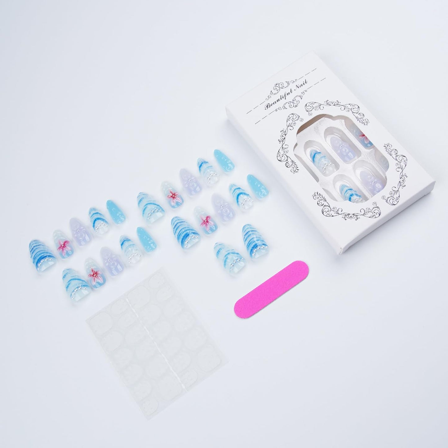 Blue Ocean Press on Nails, Medium Almond Handmade 3D Seashell Fake Nails with Pearl & Flower Designs, Reusable False Nails with Glue Tabs Stick on Nails for Summer Beach 30Pcs Nail Kit