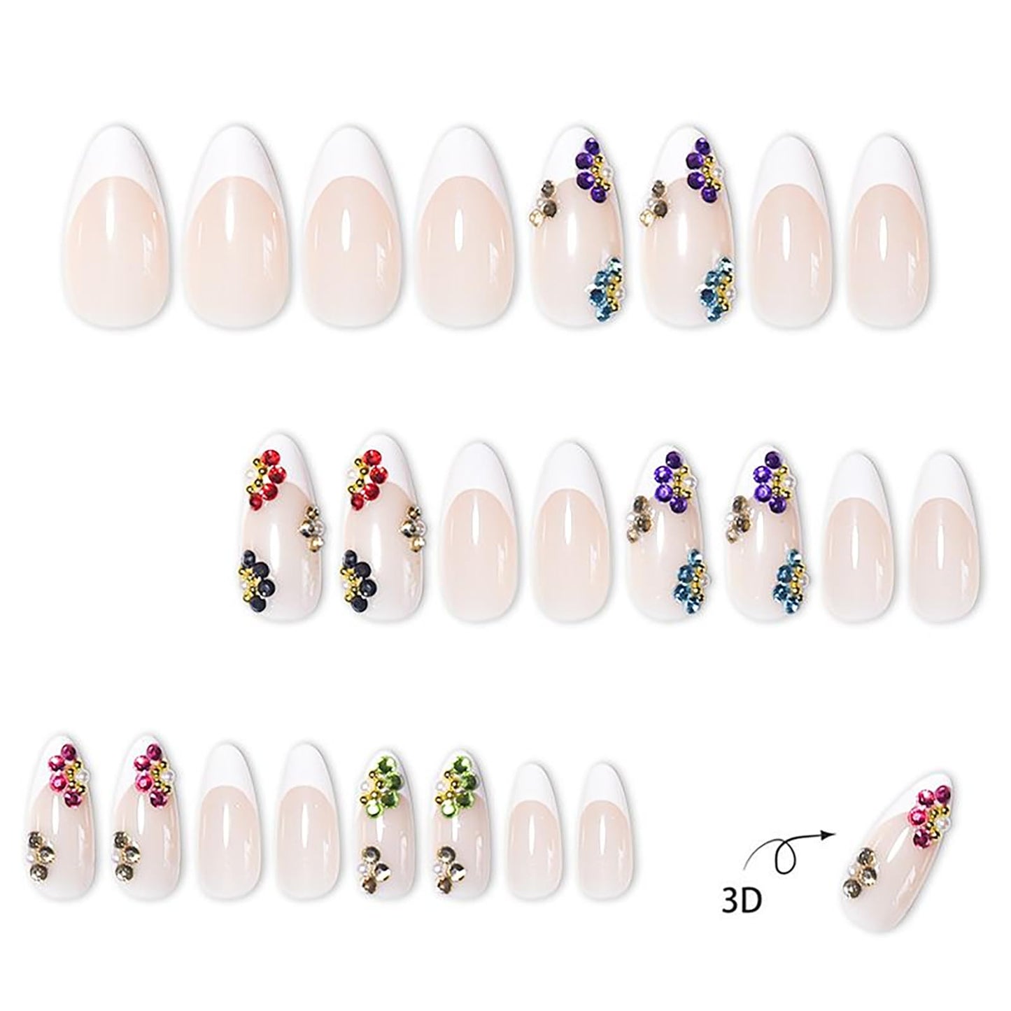 RUOKEXIN Long Press on Nails Almond Fake Nails White French Tip False Nails with 3D Flower Designs Stiletto Nail Press ons Sparkly Artificial Nails for Women 24Pcs