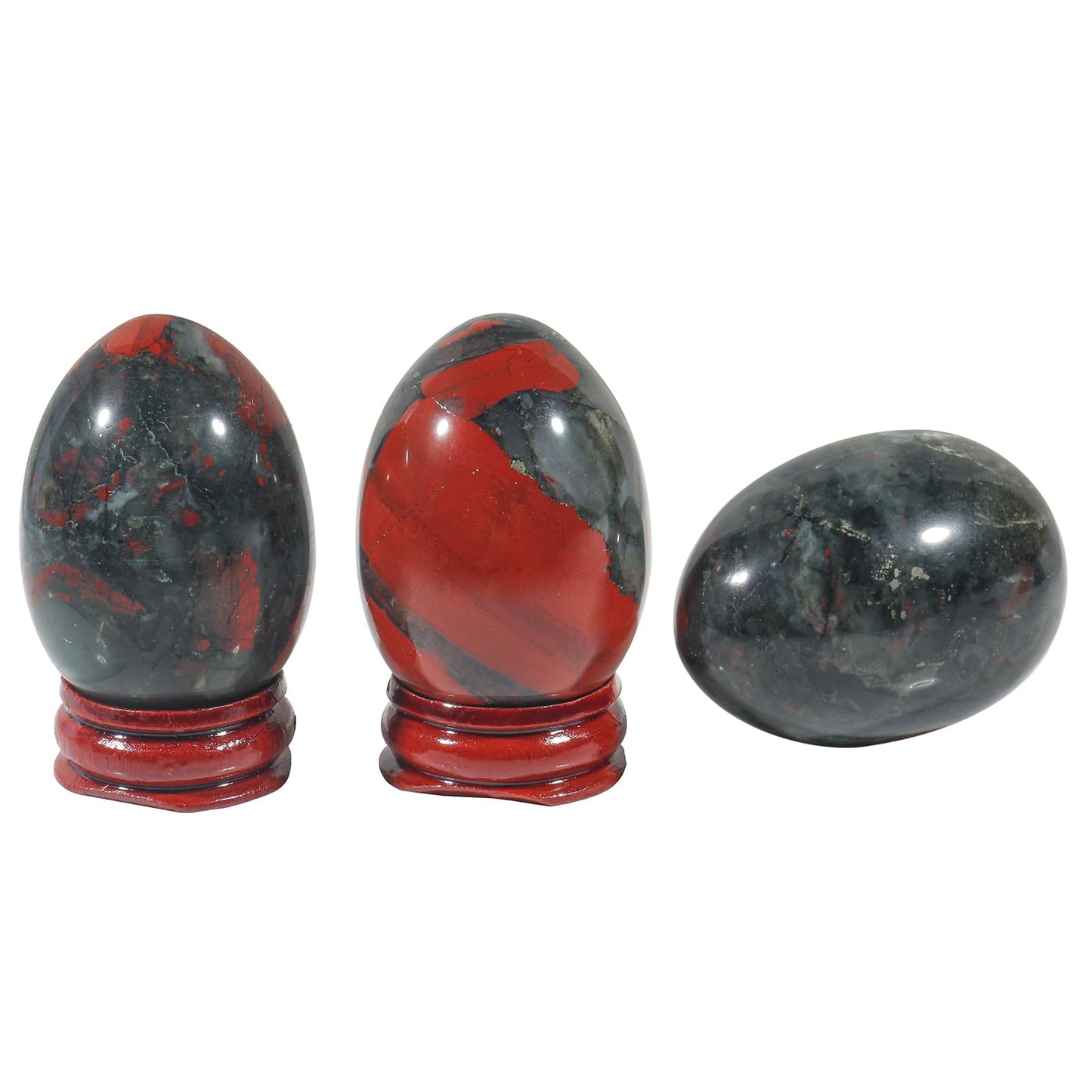 Fekuar Stone Egg Figurine, Polished Healing Crystal Easter Eggs Sphere Sculpture with Wood Stand, Natural Africa Bloodstone, 1.8"