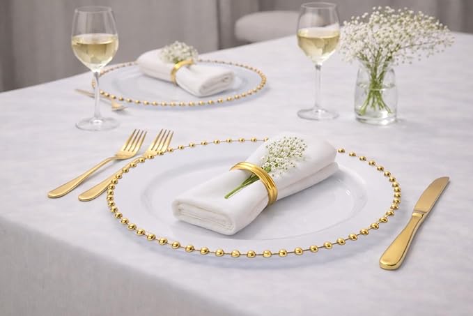 PLASTICPRO White with Gold Rim Plastic Charger Plates with Beaded Edge – Pack of 8 – 13" Elegant Round Disposable Chargers for Weddings, Events, Parties, and Dinners