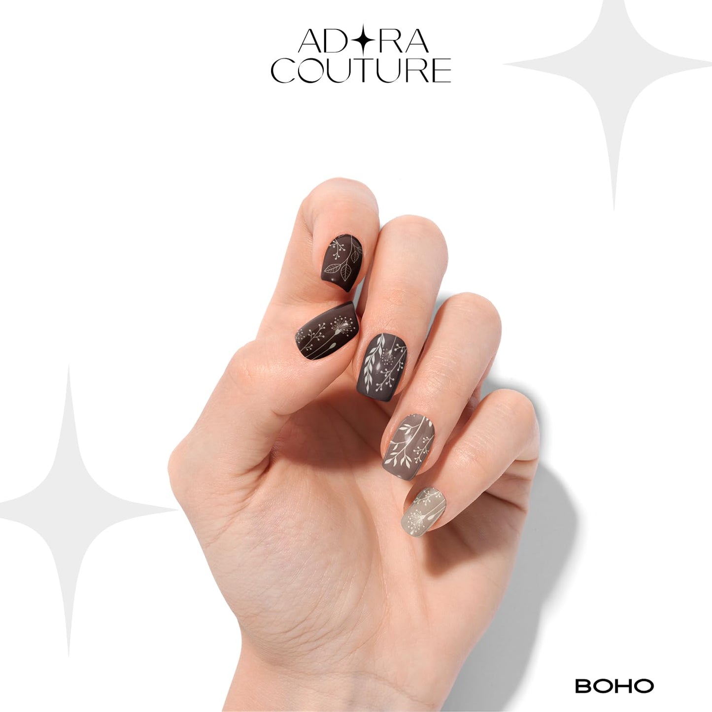 Adora Couture Semi Cured Gel Nail Strips with 30 Pieces - Salon Quality Manicure Kit for Women Easy Application Wraps Includes Prep Pads Nail File Wooden Stick, UV Light Required (Brown Boho)