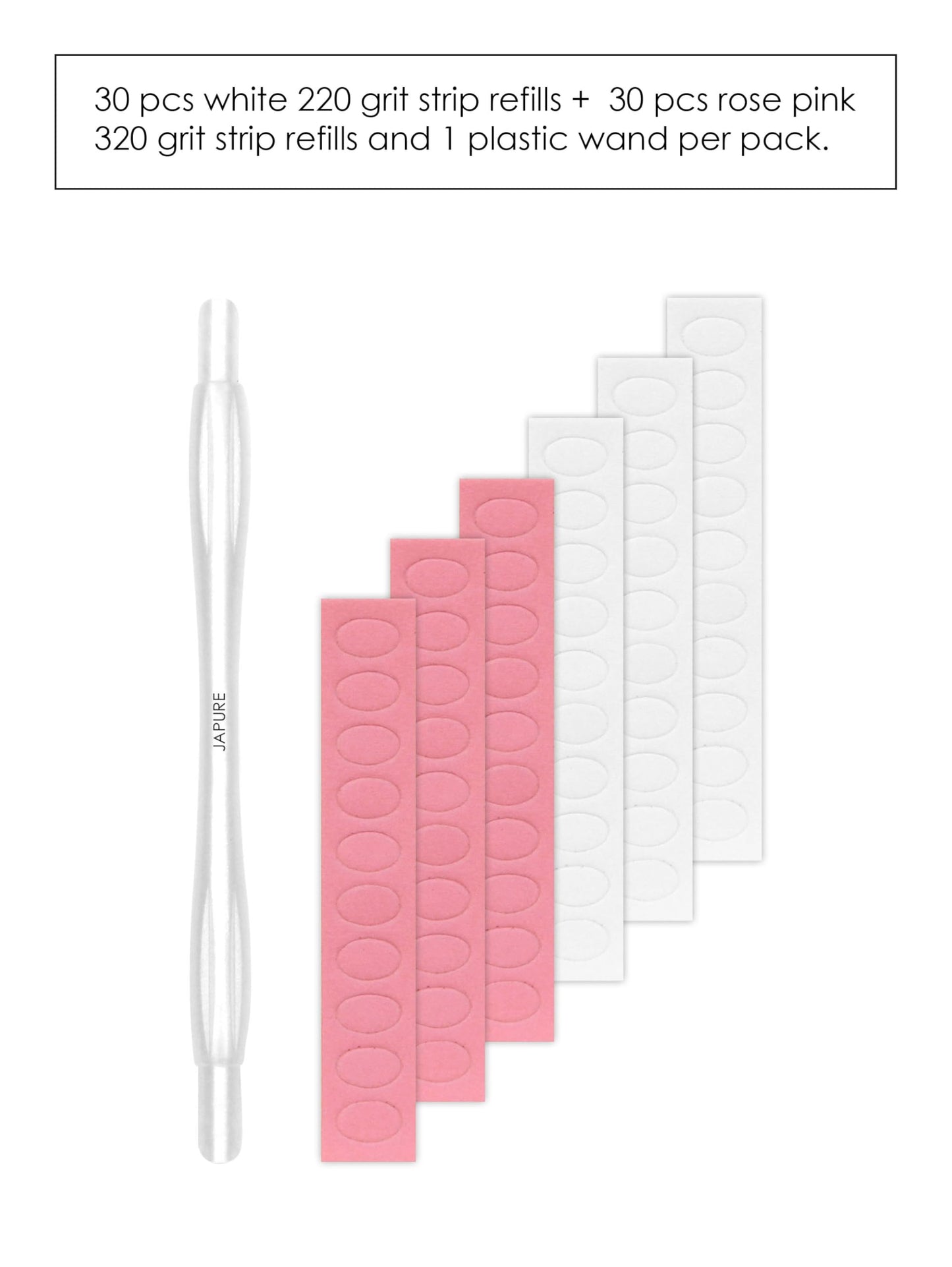 JAPURE Magic Wand Professional Cuticle Pusher Kit - White Handle + 60 Refills, 220/320 Grit - Japanese Emery Nail Prep Tool for Sensitive Cuticles & Flawless Sidewalls
