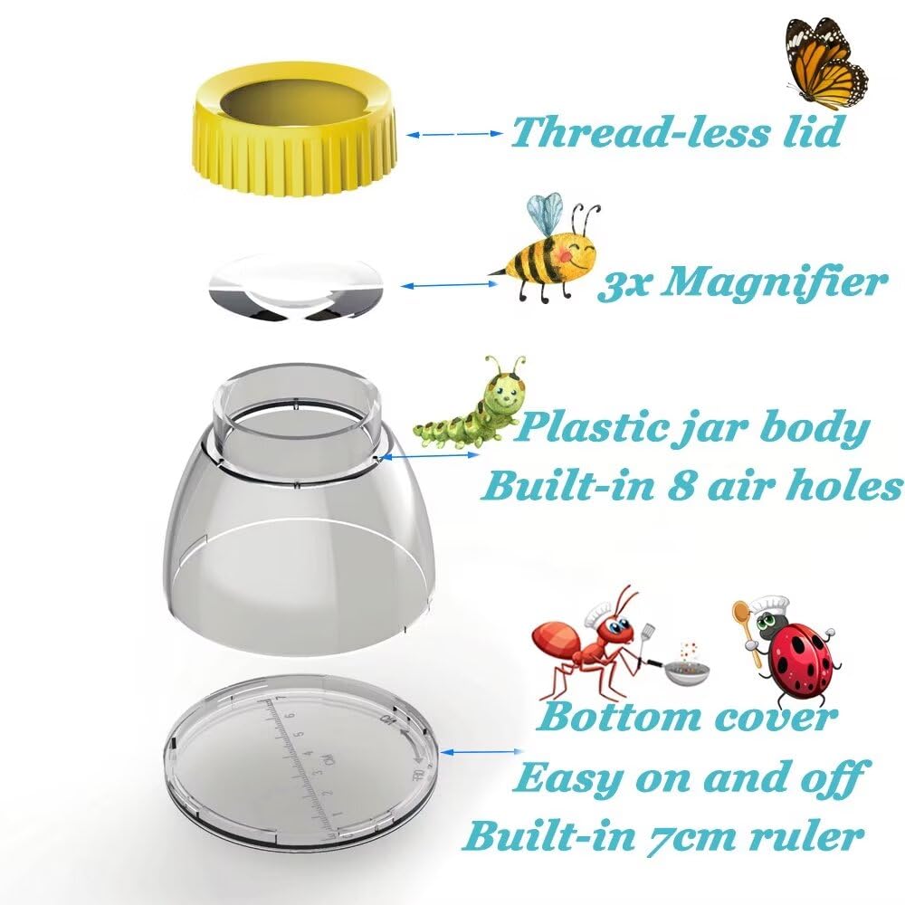 Bug Cather 5X Magnifyer Insect Jar Observation Kit Bug Viewer Built-in 7cm Ruler with 2 Plastic Tweezers Bug Catcher Kit for Kids Science Nature Exploration (4Pack, Yellow)