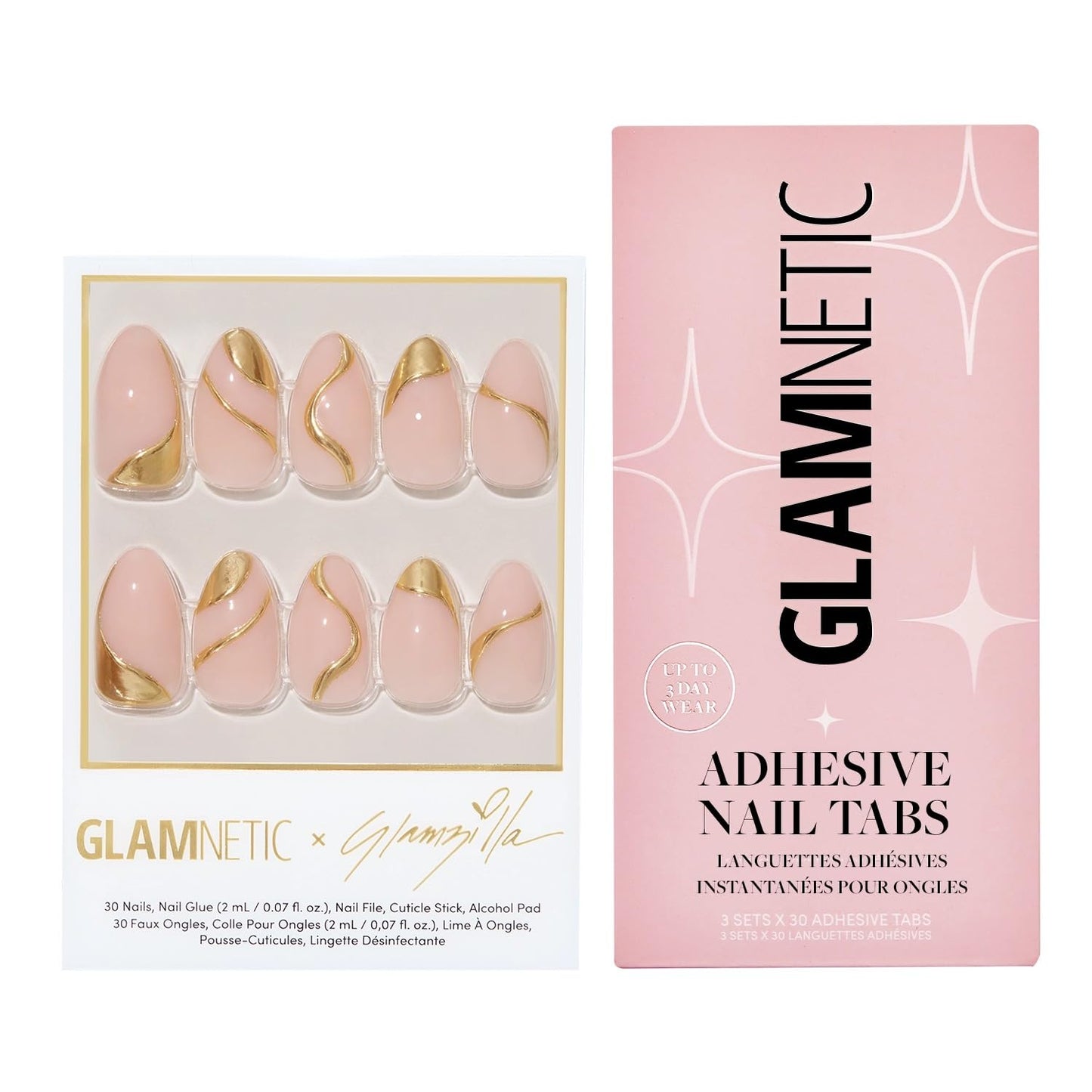 Glamnetic x GLAMZILLA Press-On Nails & Adhesive Nail Tabs - I AM A RICH MAN? | Short Almond Fake Nails with Gold Foil | 15 Sizes - 30 Nail Kit with Adhesive Tabs