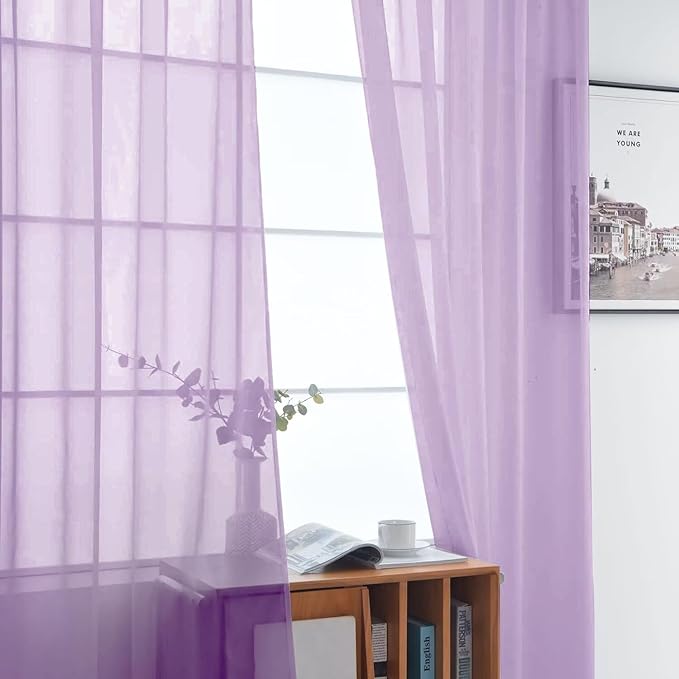 SpaceDresser Sheer Voile Window Treatment Rod Pocket Curtain Panels for Kitchen Bedroom Living Room Drapes Sunlight Filtering Privacy Semi Home Decor Assorted (Lavender, 52 W x 84 L)