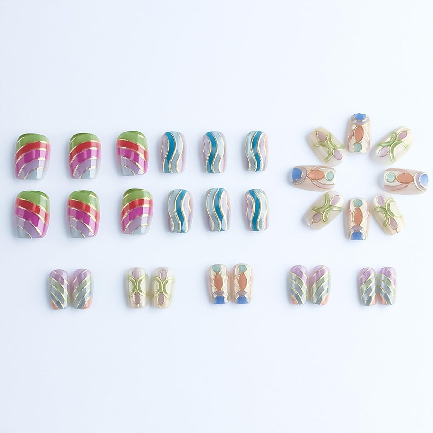 Vopintpy Multicolor Press on Nails Short Coffin Fake Nails with Design Glossy Acrylic Glue on Nail Reusable Full Cover Artificial Stick on Nail for Women DIY Manicure