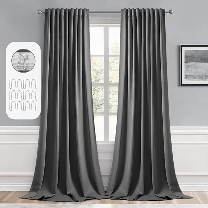 MIULEE Back Tab Grey Blackout Curtains 102 Inch Long 2 Panels Set for Living Room Bedroom, Rod Pocket/Pinch Pleated Thermal Insulated Room Darkening Light Blocking Floor to Ceiling Curtains/Drapes