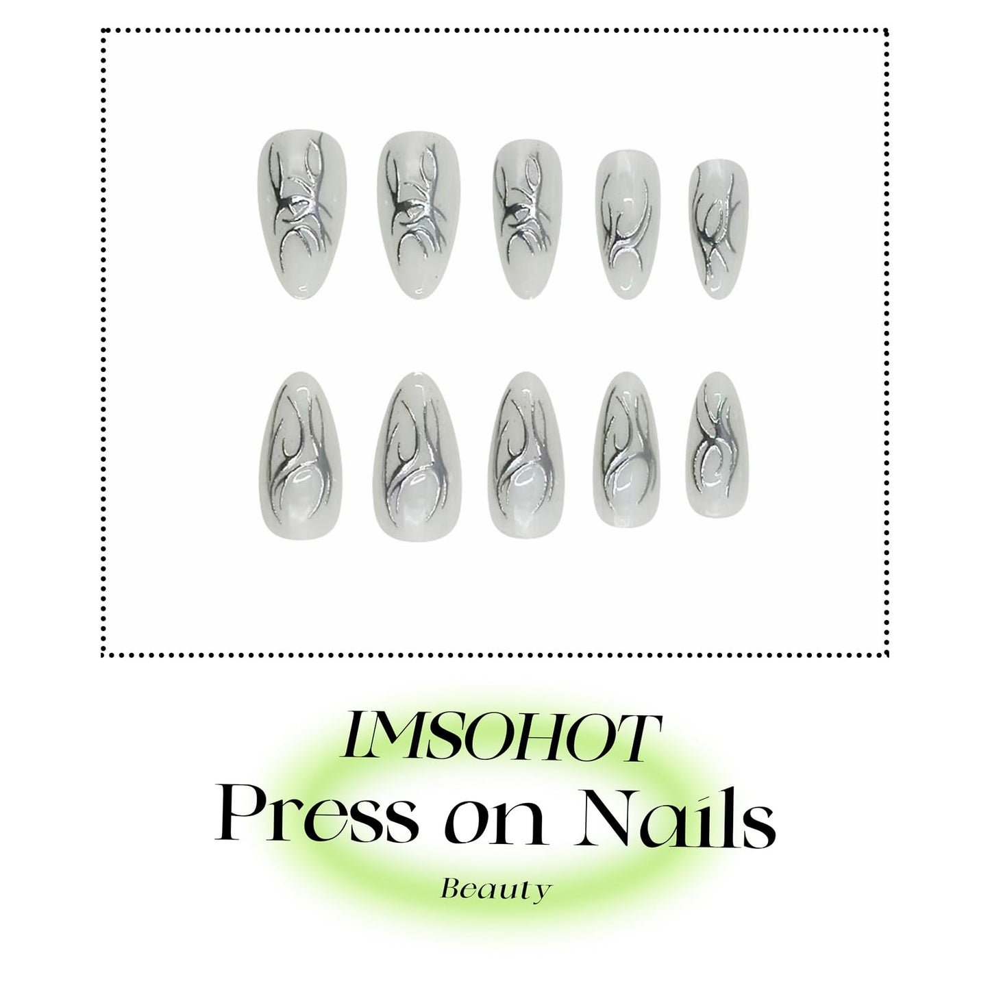 IMSOHOT White Press on Nails Medium Almond, Metallic Chrome Silver Totem Design, Full Cover Acrylic Glossy Gel Stick on Fake Nails Handmade Artificial False Nails 24Pcs