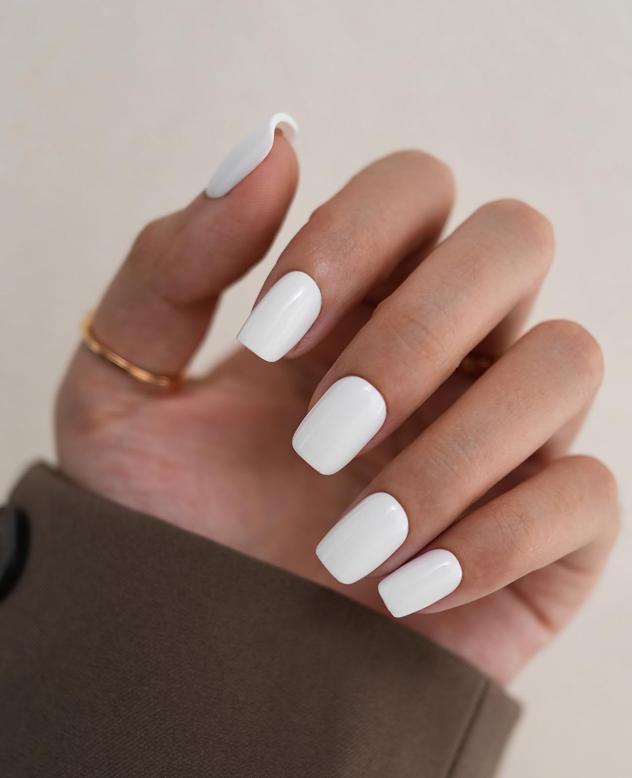ESLALA Press On Nails Short Square,Opaque White Glossy Finish Fake Nails, Simple Chic Style,Reusable Stick On Fake Nails with Glue | 16 Sizes - 32 Nail Kit（04-Squoval White）