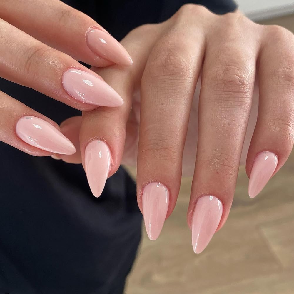KQueenest Dusty Pink Press on Nails Medium Almond, Gel Fake Nails Press on, Glue on Nails Medium Length, Neutral Stiletto Acrylic Nails, Reusable False Nail with UV Coating for Daily & Wedding 24 Pcs