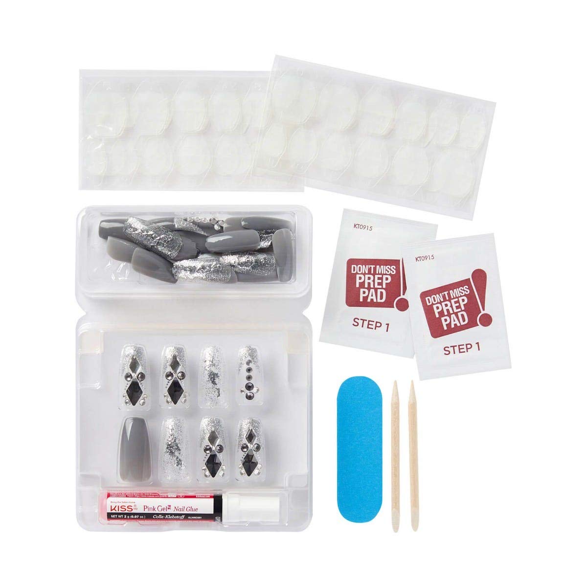 KISS Majestic Nails High-End Prestigious Manicure - Style 'Sparkle', 30 Reusable Nails, Pink Gel Nail Glue NET WT 2 g (0.07 oz.), 48 Adhesive Tabs, Mini File, 2 Manicure Sticks, 2 Prep Pads