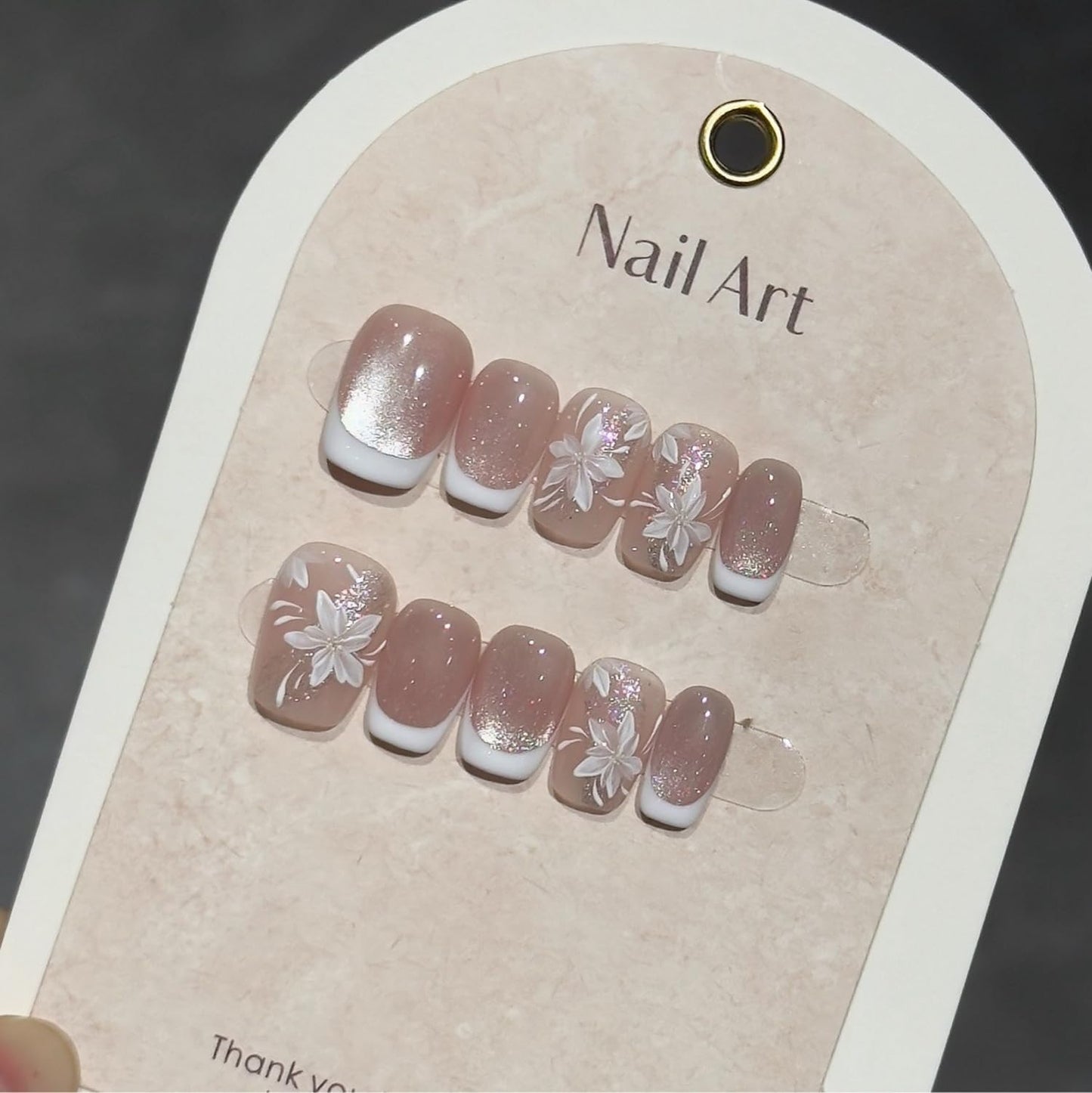 Handmade Press on Nails White French Press on Nails Short Square Fake Nails with Flower Designs Pink Sparkling False Nails Stick on Nails for Women DIY Accessories (Size M)