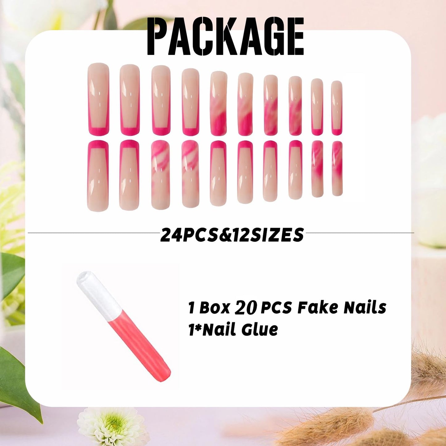 IMSOHOT Curved Press on Nails Pink French Tips Fake Nails Extra Long Glue on Nails Full Cover Glossy Acrylic False Nails for Women 20Pcs