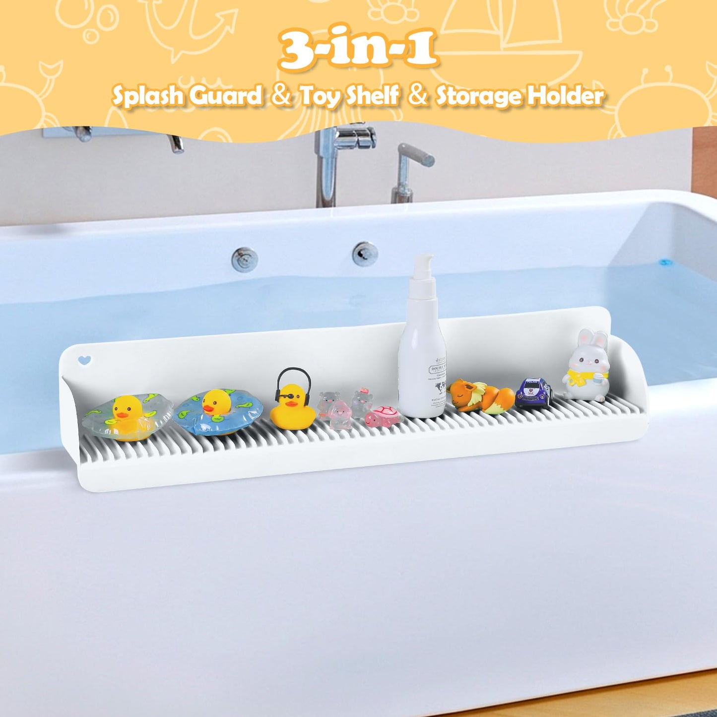 AGPTEK 24 Inch Bathtub Splash Guard with 10 Suction Cups, Silicone Tub Water Splash Guard for Bathtub, Bath Toy Tray Holder Play Shelf for Kids, Universal for Bathroom, Kitchen Sink (White)