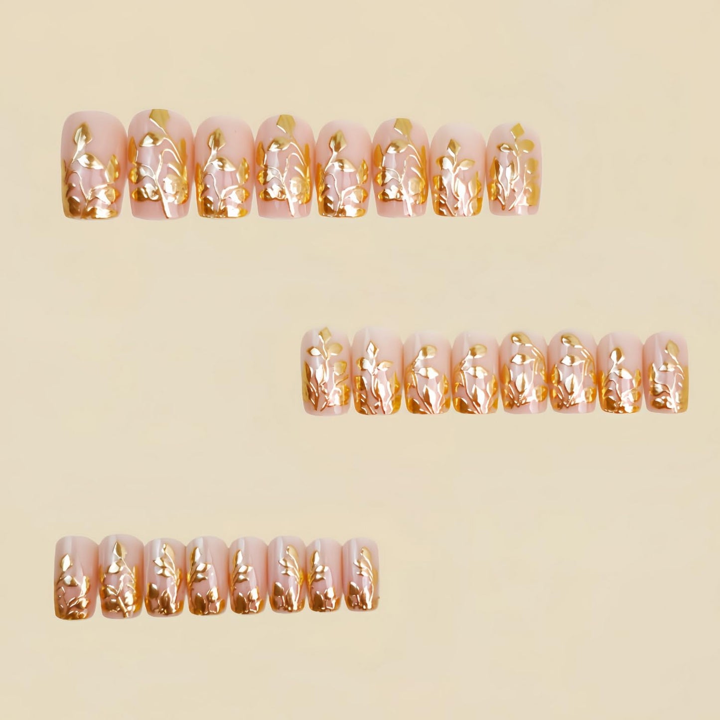24pcs Medium Press on Nail Square Fake Nails with Gold designs 3D Leaf Pattern Stick on Nail Full Cover Luxury Press ones Acrylic False Nails Reusable Glue on Nails for Women Manicure Accessories