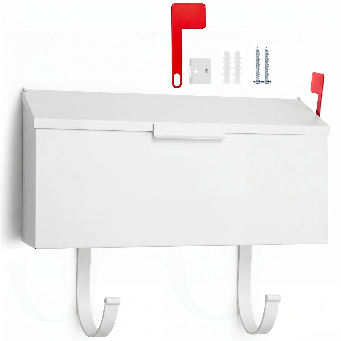 Yaocom Small Cast Wall Mount Mailbox for Outside Metal Mailbox with Newspaper Hooks Heavy Duty Rustproof Wall Mounted Galvanized Steel Post Box Large Capacity 16" x 8.25" x 4.25" (White)