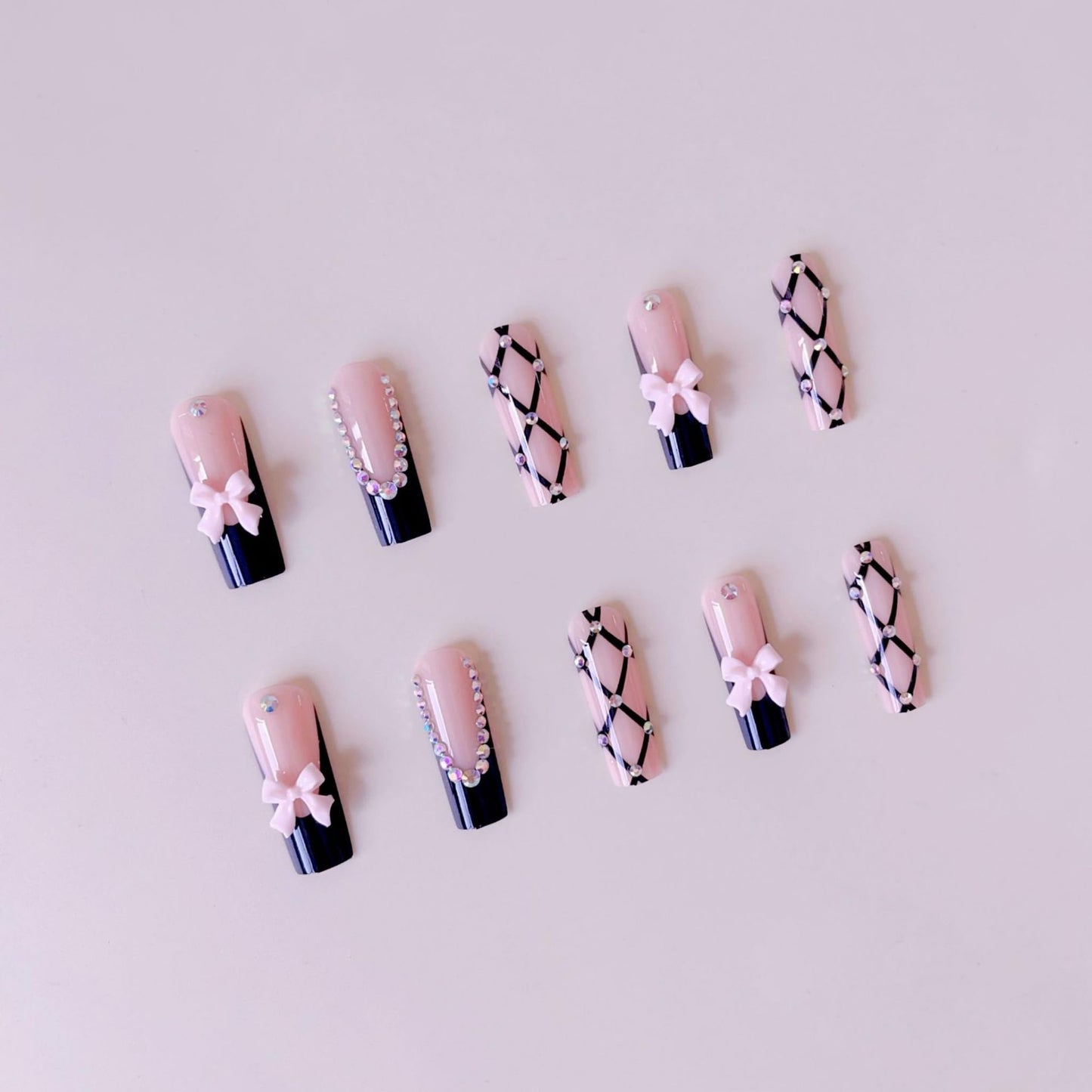 SEENEEY Long Press on Nails Square Fake Nails Black French Artificial Nail Pink Bow and Rhinestones Stick on Nail for Women 24pcs